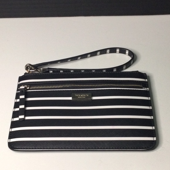 Kate Spade Black & White Stripe Wristlet Front Zipper Pocket & Inside Card Slots - Picture 2 of 5